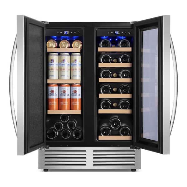 24 in. Built-in Dual Zone 18 Bottle and 80 Can Wine and Beverage Cooler with Four Door Handles Wine Fridge in Silver