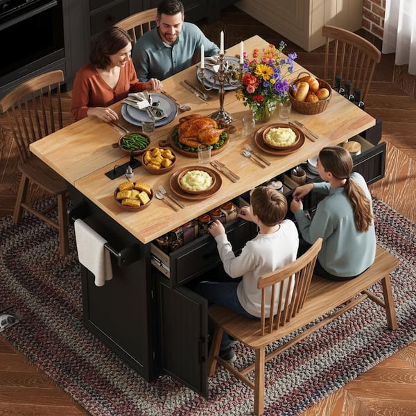 Farmhouse Black Wood 56.5 in. Power Outlet Drop Leaf Embossed Vertical Stripe Kitchen Island with 4-Door and 5-Drawer