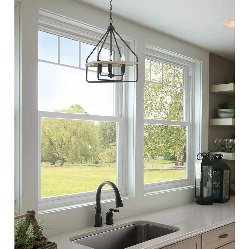 Sandblasted Black and Gray Oak Metal Square Lantern Chandelier