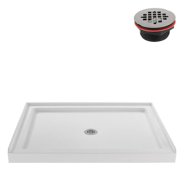 48 in. L x 36 in. W Alcove Acrylic Shower Pan Base in Glossy White with Center Drain, Drain Included