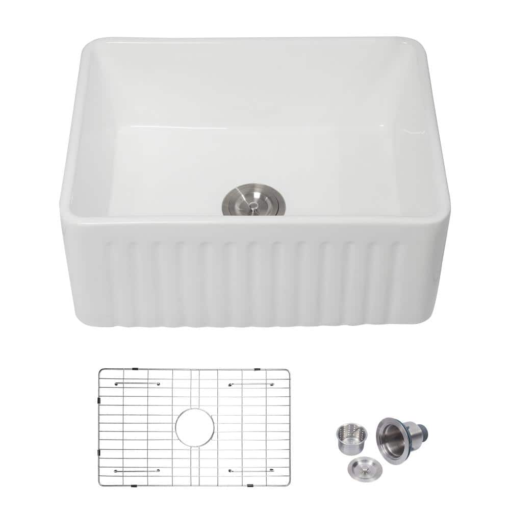 24 in. x 18 in. Farmhouse Apron Front White Ceramic Fireclay Single Bowl Kitchen Sink with Basket Strainer price history on PriceWatchPro