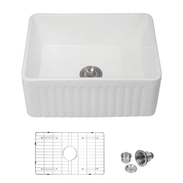 24 in. x 18 in. Farmhouse Apron Front White Ceramic Fireclay Single Bowl Kitchen Sink with Basket Strainer