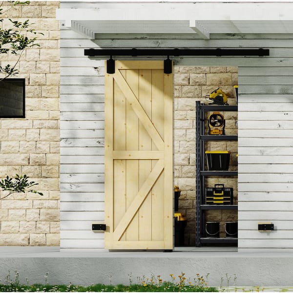 48 in. x 84 in. K-Shaped Solid Pine Wood Light Brown Primed Exterior Assembly Required Barn Door with Hardware Kit