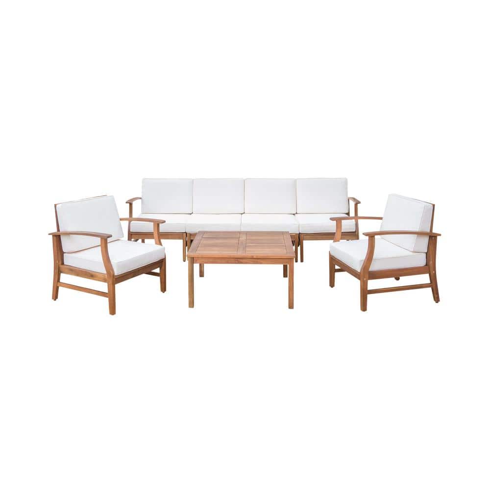 Teak Wood 6-Person Outdoor Sofa and Armchair Set with Cream Cushions