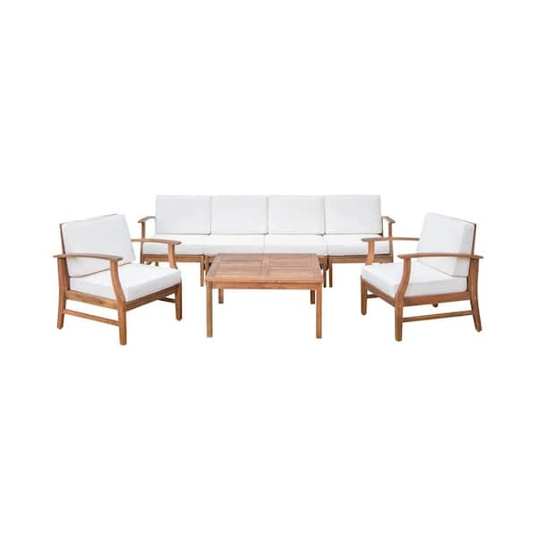 Giancarlo Teak 7-Piece Wood Outdoor Patio Sofa and Club Chair Conversation Set with Cream Cushions