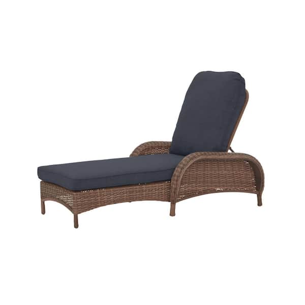 Hampton Bay Beacon Park Brown Wicker Outdoor Patio Chaise Lounge with CushionGuard Midnight Navy Blue Cushions