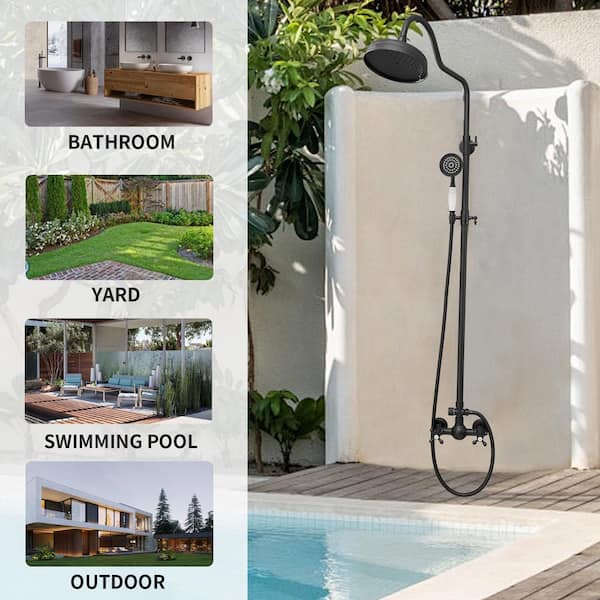 2-Spray Wall Slid Bar Round Rain Shower Faucet with Hand Shower 2 Cross Handles Mixer Shower System Taps in Matte Black
