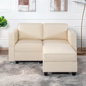 61.02 in. W Beige Faux Leather Loveseat with Storage and Ottoman, 2 Seater Love seats for Small Spaces