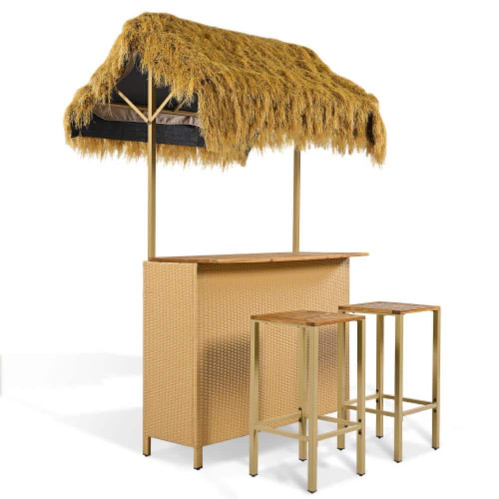 Bar Height Patio Set with PE Grass Canopy, Acacia Top Table and Stools, Adjustable Feet, Natural price history on PriceWatchPro