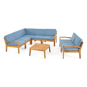 Grenada Teak Brown 8-Piece Wood Outdoor Patio Conversation Set with Blue Cushions