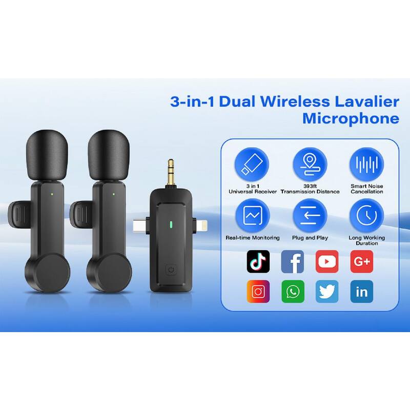 Professional Clear Sound Quality Wireless Lavalier Microphone for iPhone/Android/Camera - Cordless Lapel Mics in Black