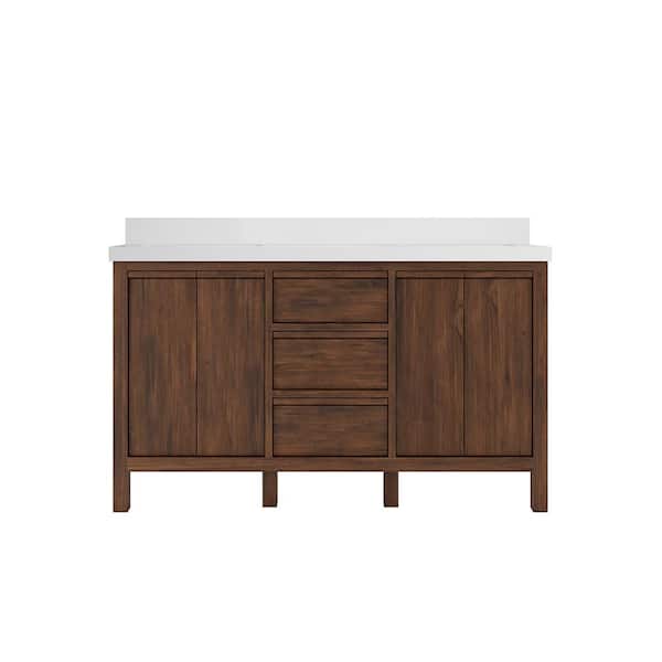 Willow Collections Elizabeth Teak 60 in. W x 22 in. D x 36 in. H Double Sink Bath Vanity in Dark Walnut with 2" White Quartz Top
