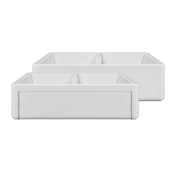 Whitehaus Collection 36in Reversible Double Bowl Fireclay Kitchen Sink with Grid Set: Three Edge Frame, Plain Front Apron