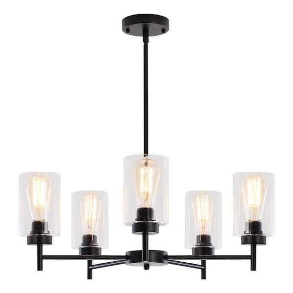 5-Light Matte Black with Glass Shade Ship Anchor Style Chandelier for Living Room with No Bulbs Included