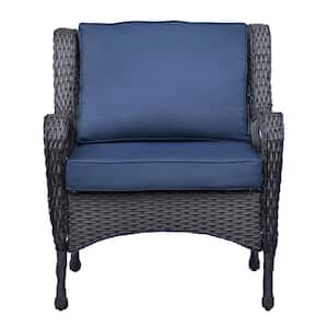 Black Metal Outdoor Hand-woven Rattan Lounge Chair with Navy Blue Cushions Outdoor Garden Chair (1-piece)
