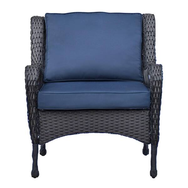 ITOPFOX Black Metal Outdoor Hand-woven Rattan Lounge Chair with Navy Blue Cushions Outdoor Garden Chair (1-piece)