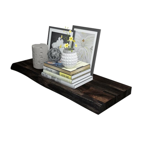 Interbuild Solid 2.3 ft. L x 10 in. D x 1.5 in. T, Acacia Butcher Block Floating Wall Shelf, Espresso with Live Edge