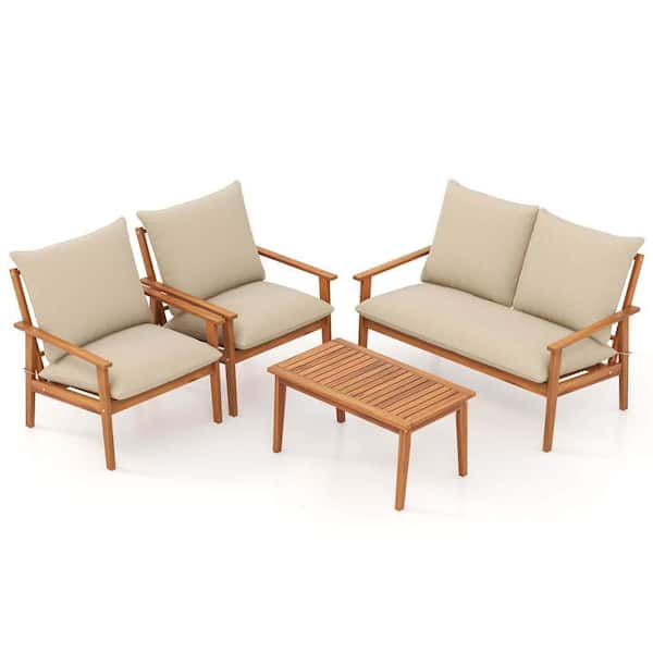 4-Piece Wood Patio Conversation Set with Coffee Table and Off White Cushions