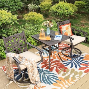 Brown 3-Piece Cast Aluminum Outdoor Dining Set with Square Table and Swivel Chairs with Beige Cushions
