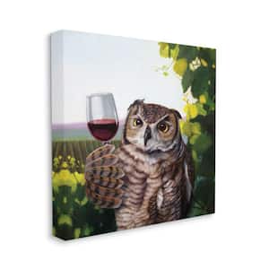 "Great Horned Owl Drinking Red Wine Vineyard" by Lucia Heffernan Unframed Animal Canvas Wall Art Print 30 in. x 30 in.