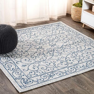 Charleston Gray/Navy 5 ft. Vintage Filigree Textured Weave Indoor/Outdoor Square Area Rug