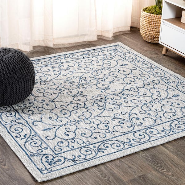 Charleston Vintage Filigree Textured Weave Gray/Navy 5 ft. Square Indoor/Outdoor Area Rug