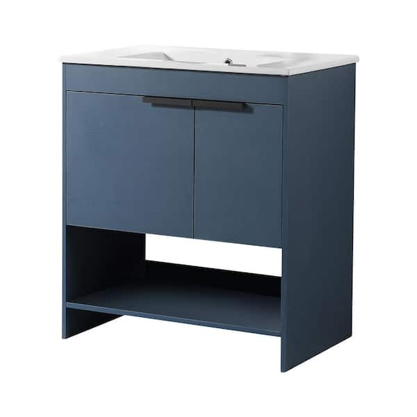 FINE FIXTURES Phoenix 30 in. W x 18.32 in. D x 33.5 in. H Bath Vanity in Navy Blue with White Ceramic Top