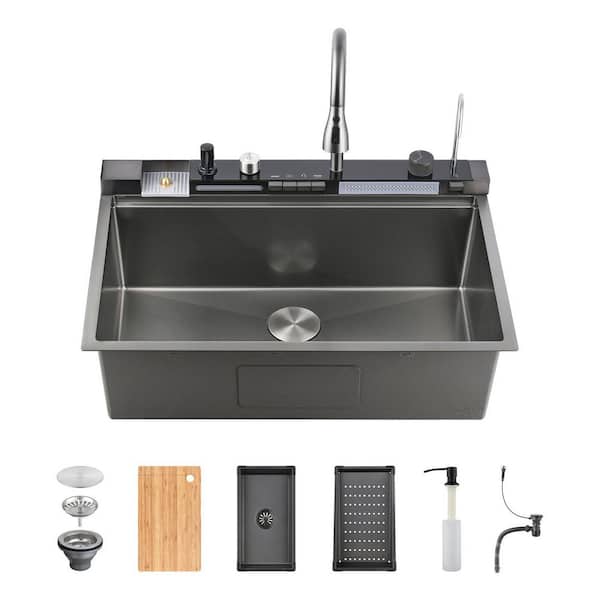 33 in. Drop-In Single Bowl 18 Gauge Gunmetal Black Stainless Steel Workstation Kitchen Sink with Faucet, Cup Washer