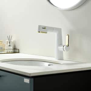 Single Handle Single Hole Bathroom Faucet with Pull-out Spray, Adjustable Height, Temperature Display Function in White