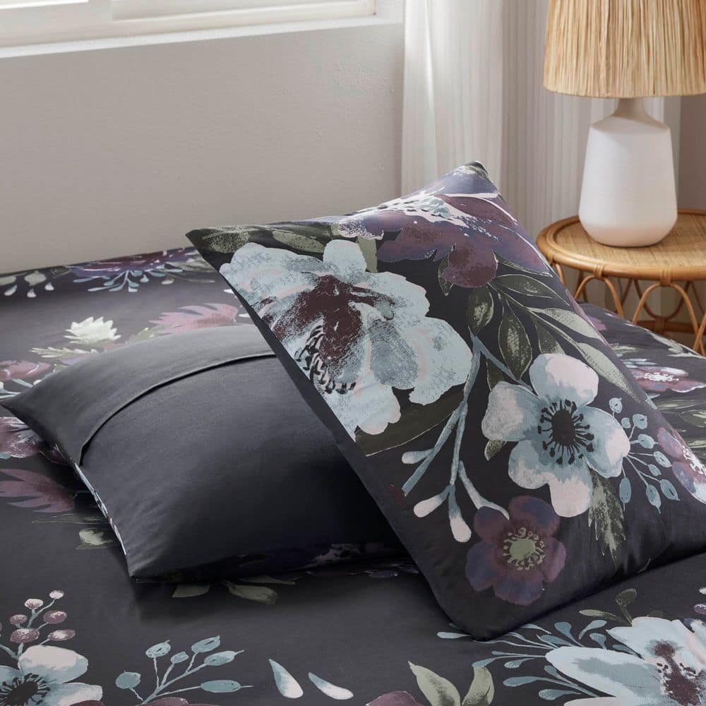 Dark Gray and Plum Floral Cotton Full Comforter Set