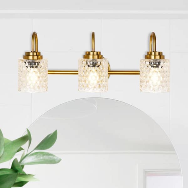 Nafissa 21.6 in. 3-Light Brass Vanity Light with Cylinder Bubble Glass Shade Modern Over Mirror Lights for Bathroom