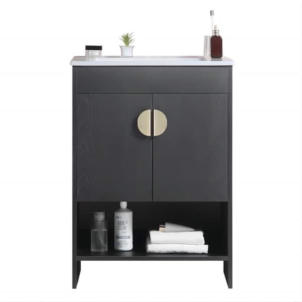 Xspracer Victoria 24 in. W x 18 in. D x 33 in. H Freestanding Single Sink Bath Vanity in Black with Solid Wood and Ceramic Top