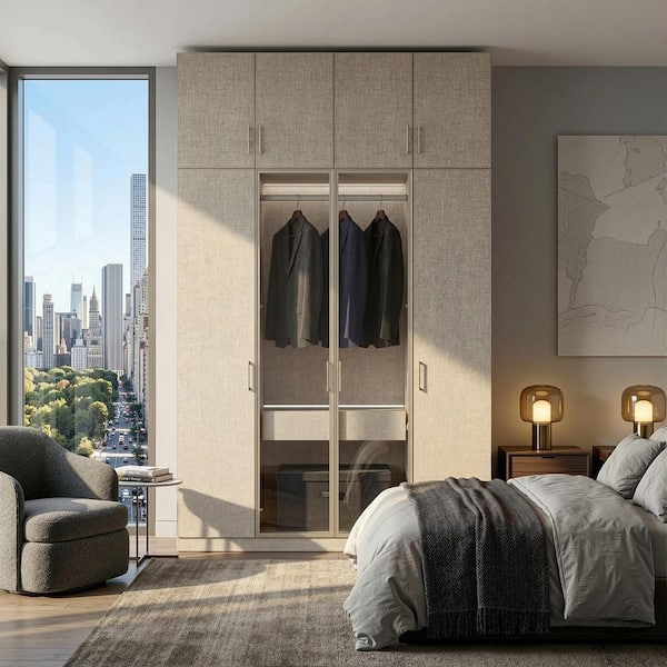 Homsee Beige-A Wood 63 in. Bedroom Armoire with Glass Doors, Top