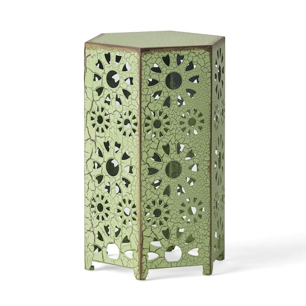 Green 14" Metal Outdoor Side Table with Sunburst Cut Out Design