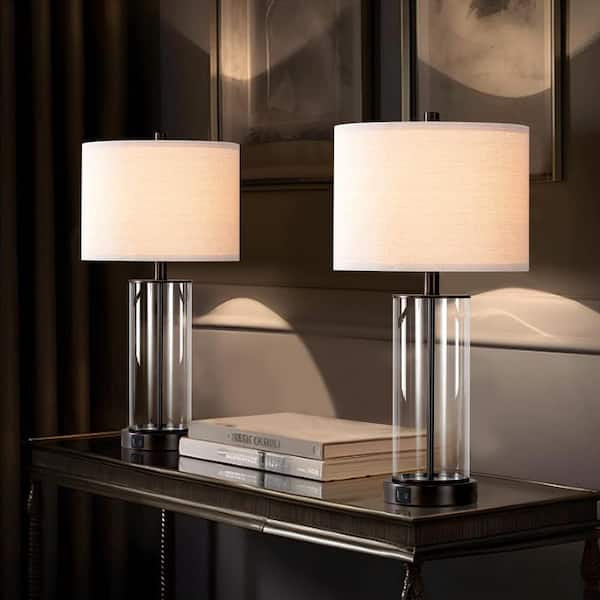 KAWOTI 23 in. Clear Glass Table Lamp Set with Bulbs, Touch Control, Dual USB Ports and AC Outlet (Set of 2)