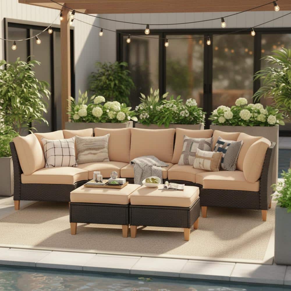 7-Piece Gray Wicker Outdoor Sectional Set with Khaki Cushions and Ottoman for Garden and Patio price history on PriceWatchPro