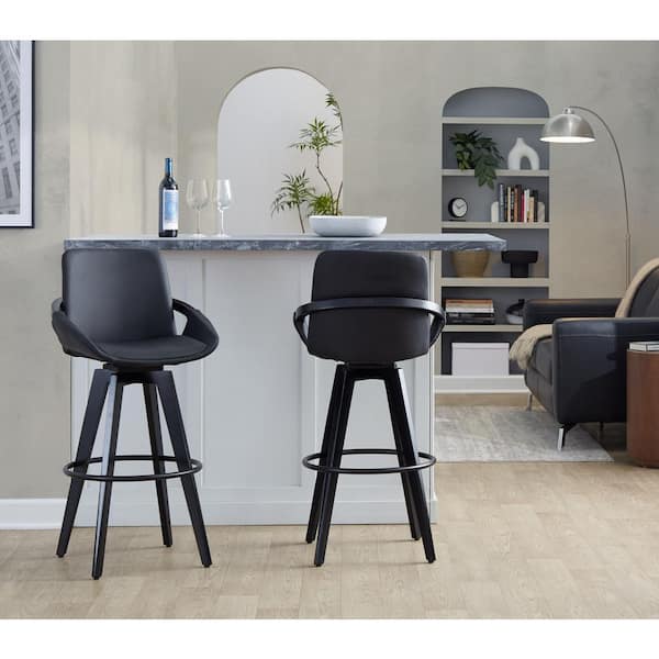 Cosmo 41.75 in. H Black Faux Leather, Black Wood, and Black Metal Fixed-Height Bar Stool with Round Footrest (Set of 2)