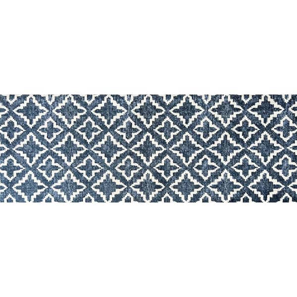 Maltese Blue Navy Blue White 2 ft. 3 in. x 6 ft. 3 in. Runner Washable Floor Mat Area Rug