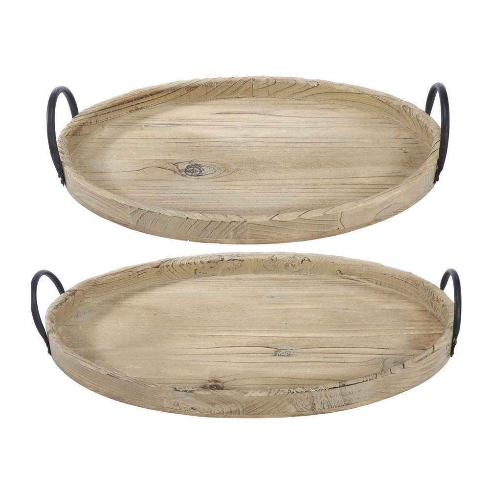 Natural Round Wooden Serving Trays with Handles, Set of 2