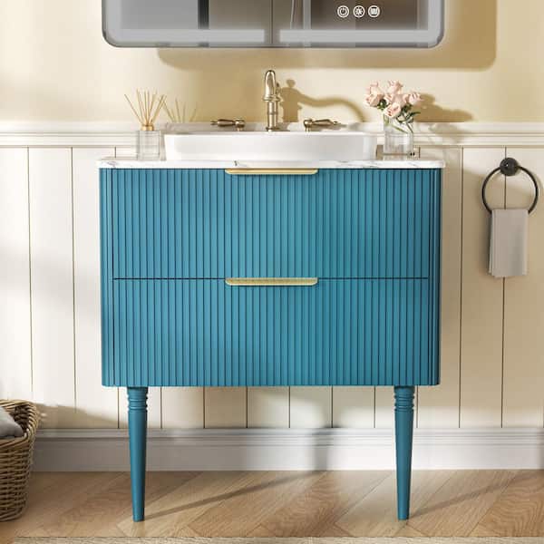 FAMYYT 30 in. W Bath Vanity in Aqua Blue with White Cultured Marble Top and Vessel Sink, Solid Wood Legs (Assembled)