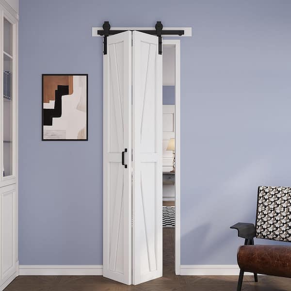 25 in. x 84 in. Assembled Bi-Fold K Shape White Primed DIY Available Solid Core MDF Sliding Barn Door with Hardware Kit