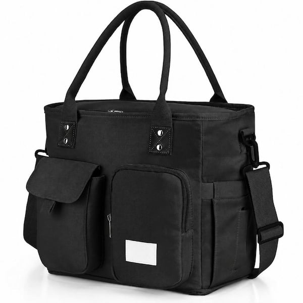 Black Reusable Lunch Bag with Shoulder Strap, Wide Opening, Leakproof Insulated Tote for Work and Picnic