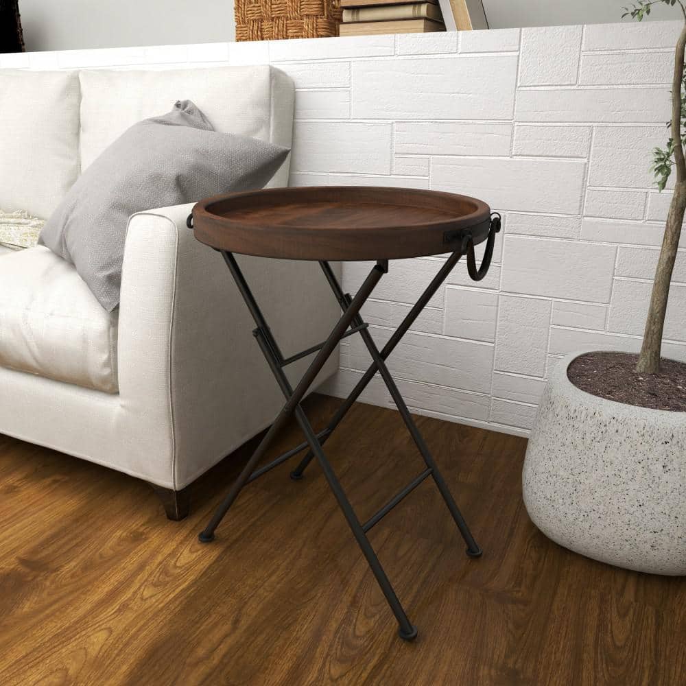 Black Metal Folding Accent Table with Brown Wood Top