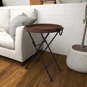 20 in. Black Large Round Wood End Accent Table with Brown Wood Top