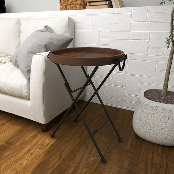 Litton Lane 20 in. Black Large Round Wood End Accent Table with Brown Wood Top