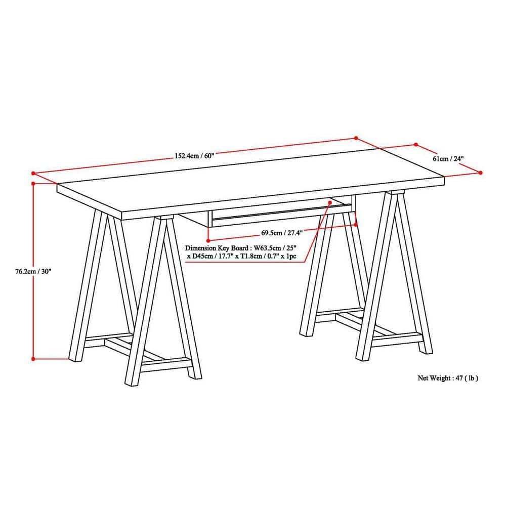 Sawhorse Solid Pine 60" Desk with Keyboard Tray in Medium Saddle Brown