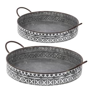 Round Gray, White Trays with Handles (Set of 2)