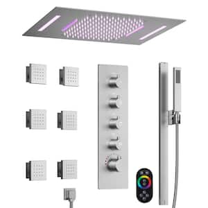 Smart LED Luxury 23 x 15 in. 15-Spray Multi-Function Wall Bar Shower Kit with 6-Body Spray Brushed Nickel Valve Included