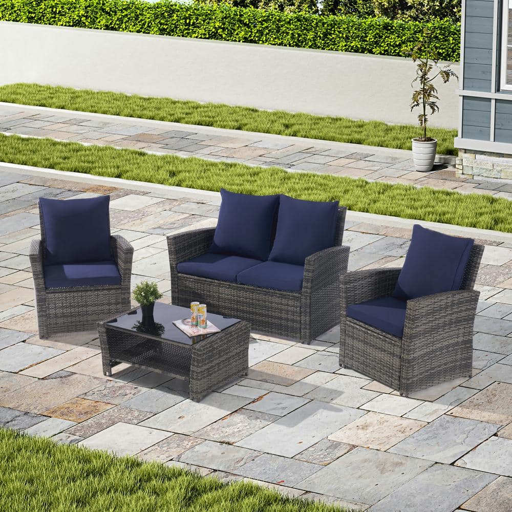 4-Piece Wicker Outdoor Patio Sectional Set Poolside Lawn Chairs with Temper
