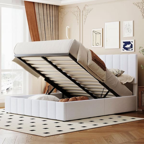 White Wood Frame Queen Size Platform Bed with A Hydraulic Storage System